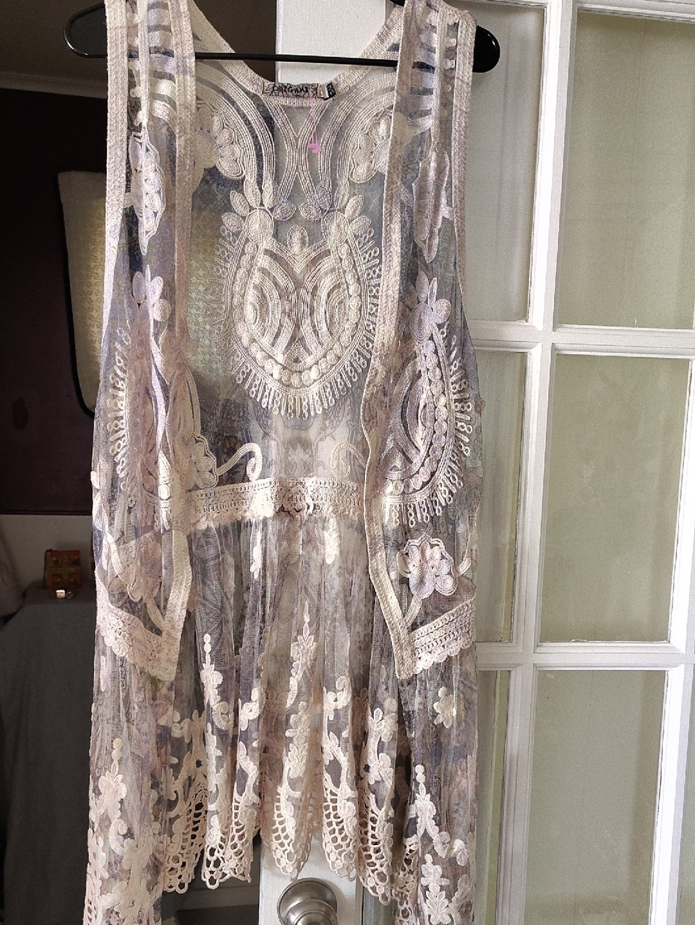 Sheer Embroidered Lace Crochet Vest - Neutral Beige